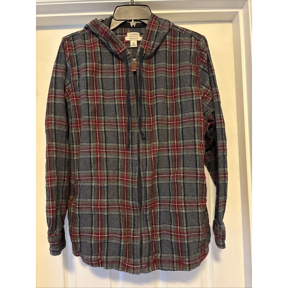 LL Bean Hooded Flannel Shacket Jacket XL Full Zip Scotch Plaid Pockets‎ Relaxed